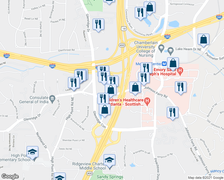 map of restaurants, bars, coffee shops, grocery stores, and more near 860 Johnson Ferry Road in Atlanta
