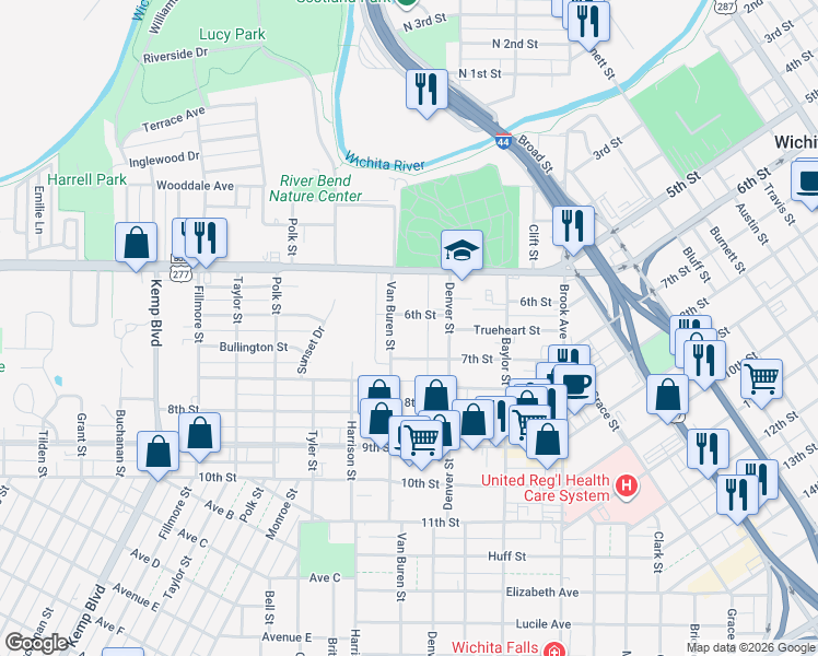 map of restaurants, bars, coffee shops, grocery stores, and more near 1917 6th Street in Wichita Falls