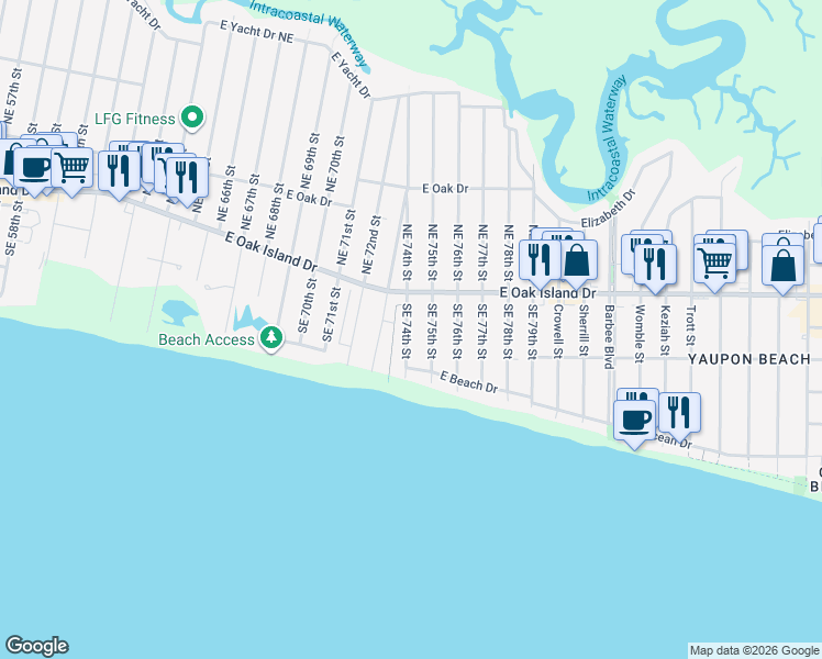 map of restaurants, bars, coffee shops, grocery stores, and more near Beach Access in Oak Island