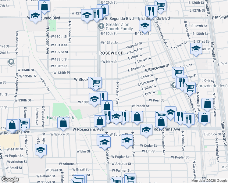 map of restaurants, bars, coffee shops, grocery stores, and more near 1608 North Grape Avenue in Compton
