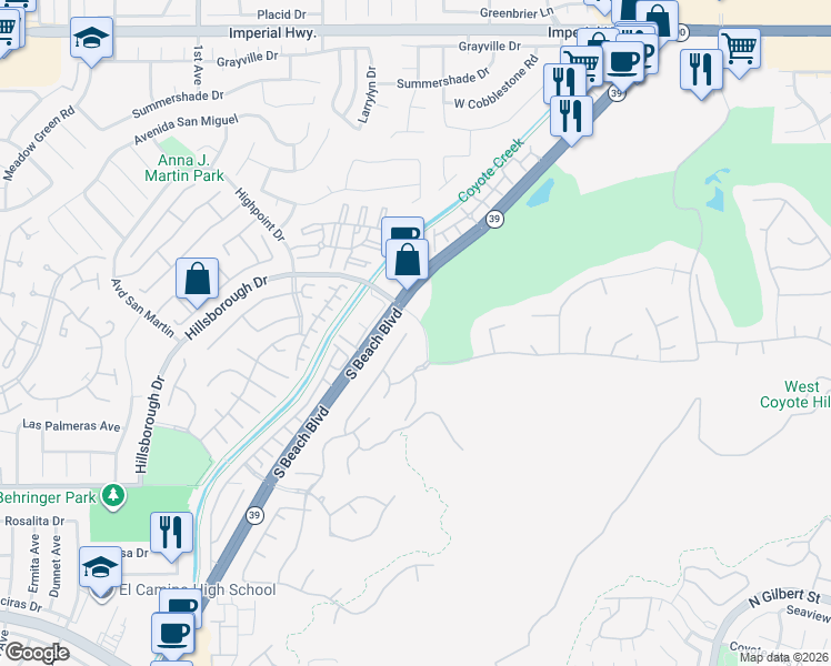 map of restaurants, bars, coffee shops, grocery stores, and more near 13706 Francisco Drive in La Mirada