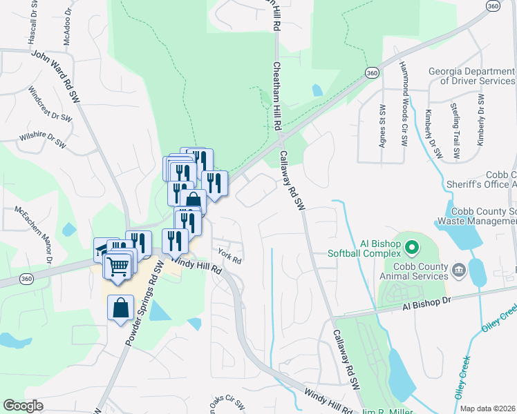 map of restaurants, bars, coffee shops, grocery stores, and more near 1850 Kolb Farm Circle Southwest in Marietta