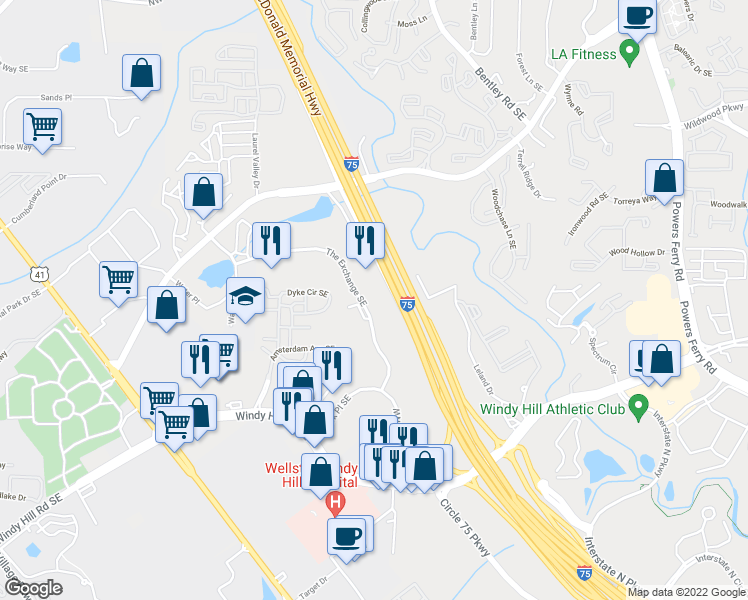 map of restaurants, bars, coffee shops, grocery stores, and more near 1845 The Exchange Southeast in Atlanta