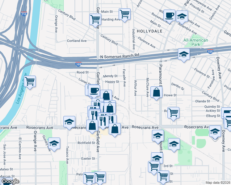 map of restaurants, bars, coffee shops, grocery stores, and more near 13944 Brightwell Avenue in Paramount
