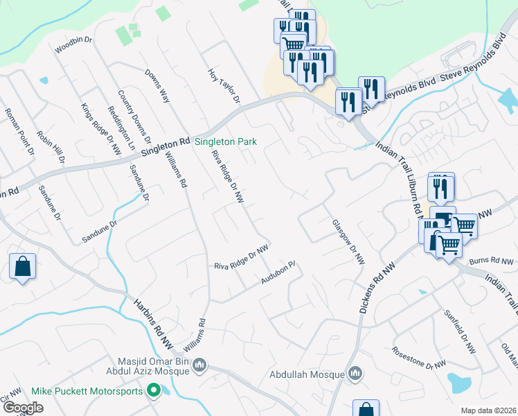 map of restaurants, bars, coffee shops, grocery stores, and more near 5212 Derby Way Northwest in Norcross