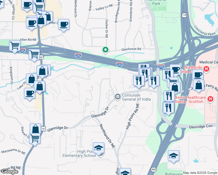 map of restaurants, bars, coffee shops, grocery stores, and more near 5592 Colton Drive Northeast in Atlanta