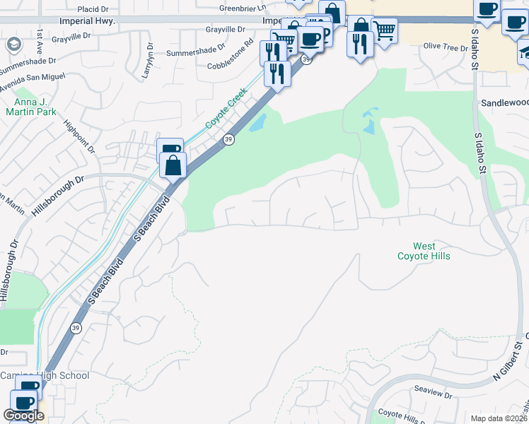 map of restaurants, bars, coffee shops, grocery stores, and more near 2201 West Snead Street in La Habra