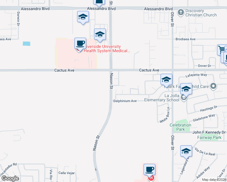 map of restaurants, bars, coffee shops, grocery stores, and more near 14663 Round Leaf Road in Moreno Valley
