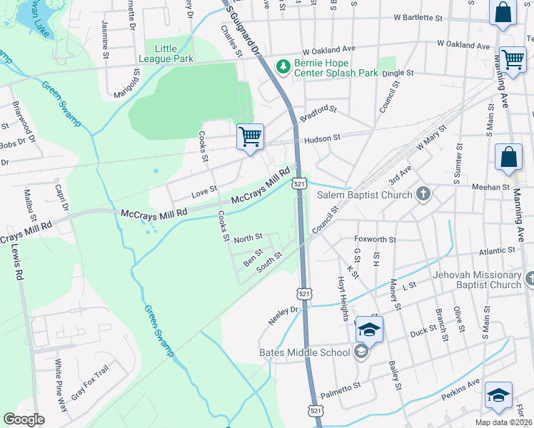 map of restaurants, bars, coffee shops, grocery stores, and more near 30 Bridge Court in Sumter