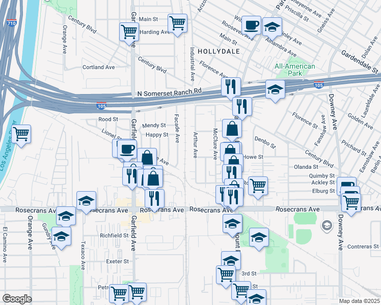map of restaurants, bars, coffee shops, grocery stores, and more near 13955 Arthur Avenue in Paramount