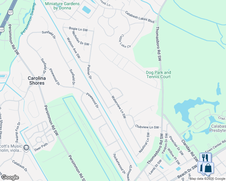 map of restaurants, bars, coffee shops, grocery stores, and more near 1006 Waterview Ln SW in Calabash
