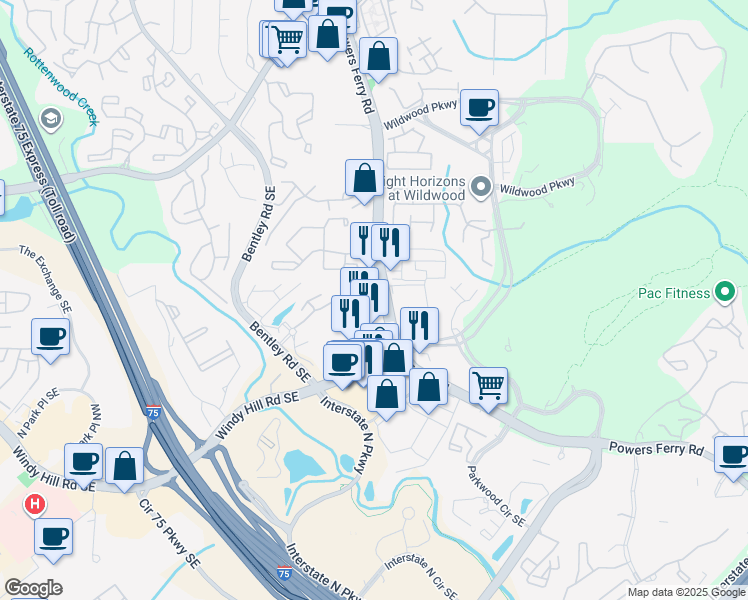 map of restaurants, bars, coffee shops, grocery stores, and more near 1920 Powers Ferry Road in Marietta