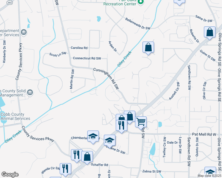 map of restaurants, bars, coffee shops, grocery stores, and more near 1714 Bertram Lane Southwest in Marietta