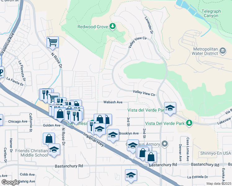 map of restaurants, bars, coffee shops, grocery stores, and more near 3795 Carson Way in Yorba Linda