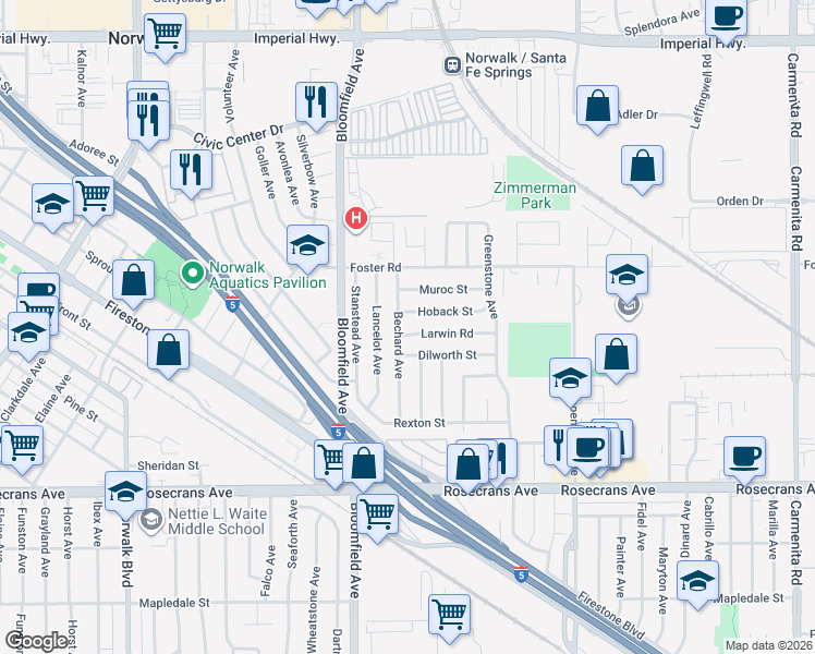 map of restaurants, bars, coffee shops, grocery stores, and more near 12707 Larwin Road in Norwalk
