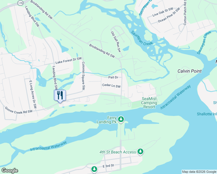 map of restaurants, bars, coffee shops, grocery stores, and more near 4743 Cedar Lane Southwest in Ocean Isle Beach