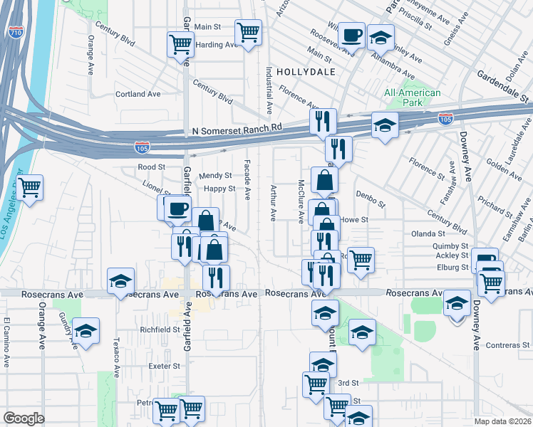 map of restaurants, bars, coffee shops, grocery stores, and more near 13959 Arthur Avenue in Paramount