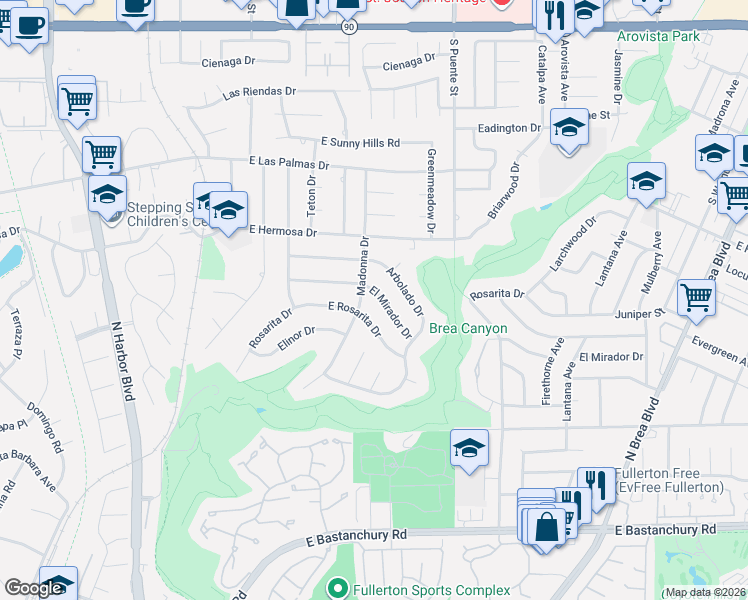 map of restaurants, bars, coffee shops, grocery stores, and more near 708 El Mirador Drive in Fullerton