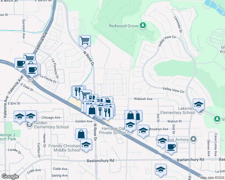 map of restaurants, bars, coffee shops, grocery stores, and more near 3761 Lake Wood Drive in Yorba Linda