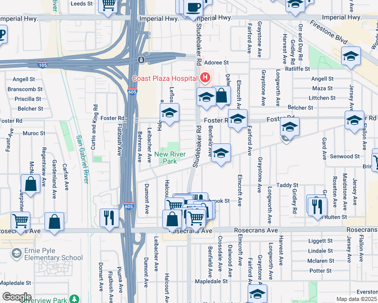 map of restaurants, bars, coffee shops, grocery stores, and more near 10922 Tolly Street in Norwalk