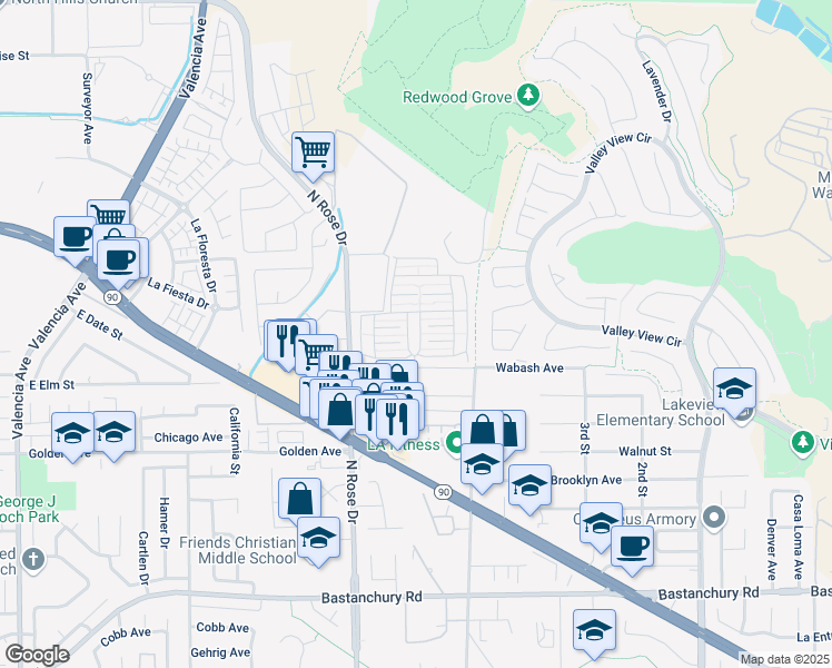 map of restaurants, bars, coffee shops, grocery stores, and more near 16742 Lake Park Way in Yorba Linda