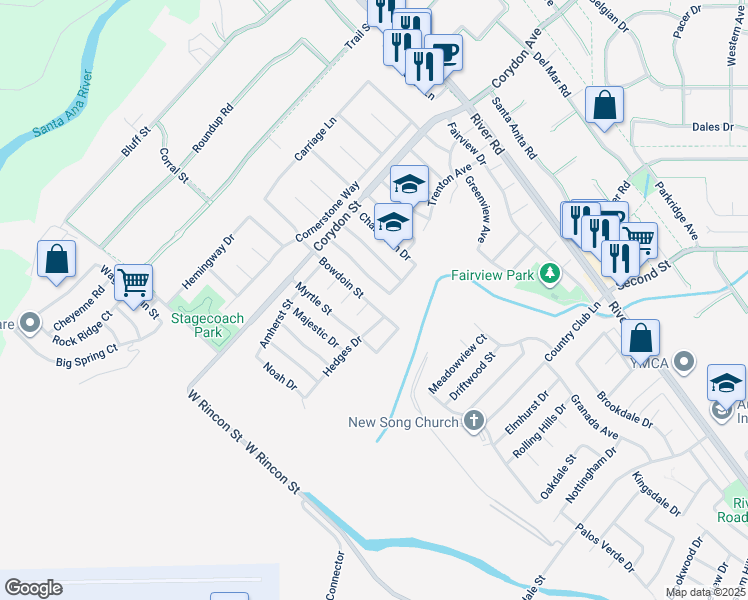 map of restaurants, bars, coffee shops, grocery stores, and more near 1793 Bowdoin Street in Corona