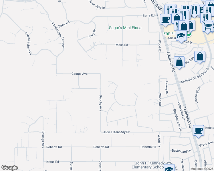 map of restaurants, bars, coffee shops, grocery stores, and more near 1268 Las Ventanas Way in Riverside