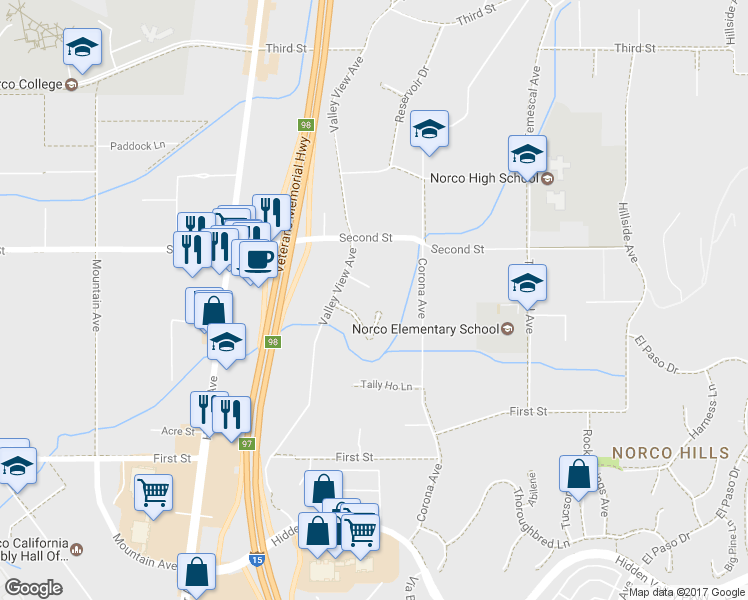 map of restaurants, bars, coffee shops, grocery stores, and more near 1465 Hilltop Lane in Norco