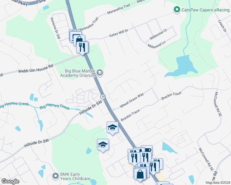 map of restaurants, bars, coffee shops, grocery stores, and more near 488 Ash Trace Lane in Grayson