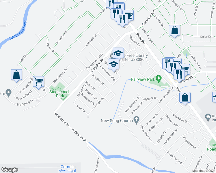 map of restaurants, bars, coffee shops, grocery stores, and more near 1793 Bowdoin Street in Corona
