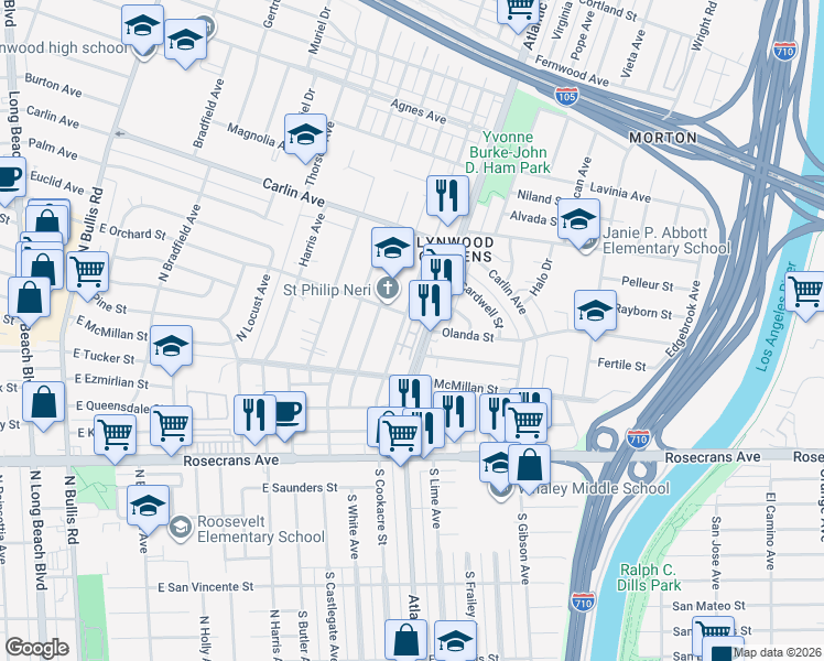 map of restaurants, bars, coffee shops, grocery stores, and more near 12666 Antigua Court in Lynwood