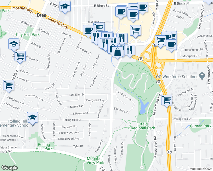 map of restaurants, bars, coffee shops, grocery stores, and more near 593 Muirwood Drive in Brea