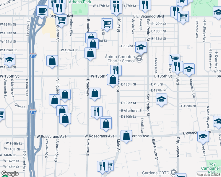 map of restaurants, bars, coffee shops, grocery stores, and more near 118 East 137th Street in Los Angeles