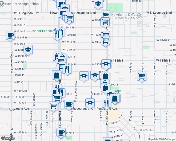 map of restaurants, bars, coffee shops, grocery stores, and more near 4127 137th Street in Hawthorne