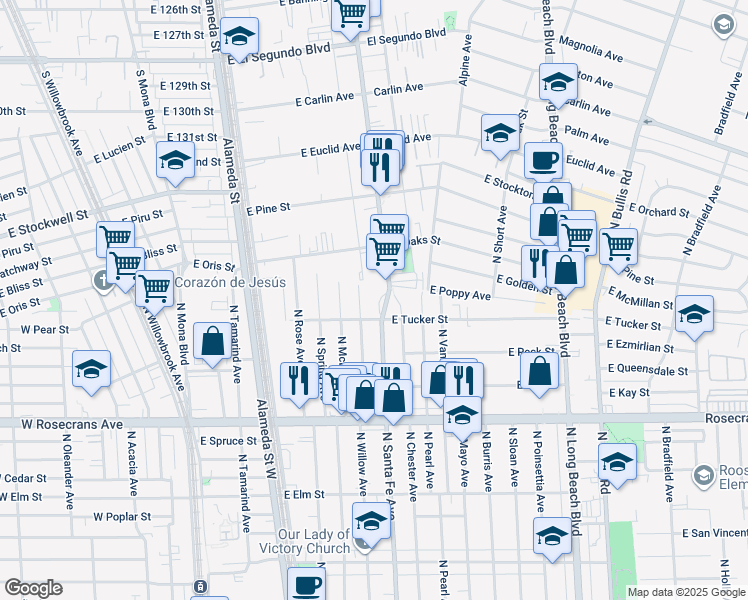 map of restaurants, bars, coffee shops, grocery stores, and more near 1719 North Santa Fe Avenue in Compton