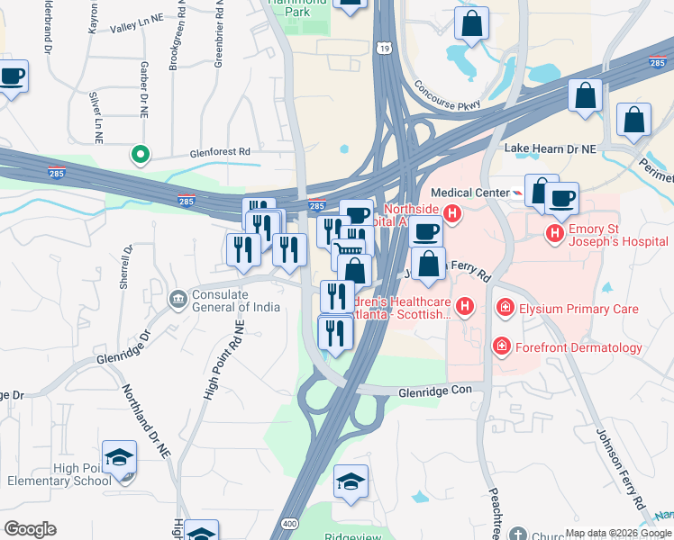 map of restaurants, bars, coffee shops, grocery stores, and more near 111 Glenridge Point Parkway in Sandy Springs