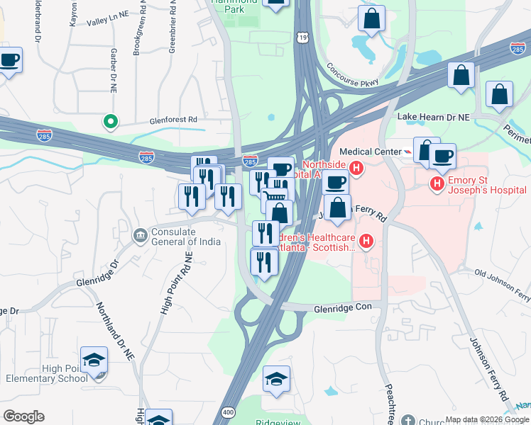 map of restaurants, bars, coffee shops, grocery stores, and more near 111 Glenridge Point Parkway in Sandy Springs