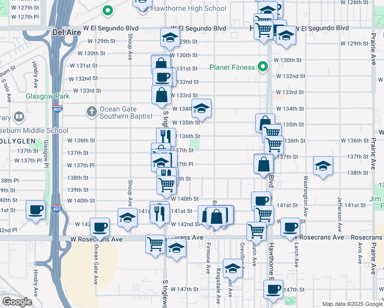 map of restaurants, bars, coffee shops, grocery stores, and more near 4684 137th Street in Hawthorne