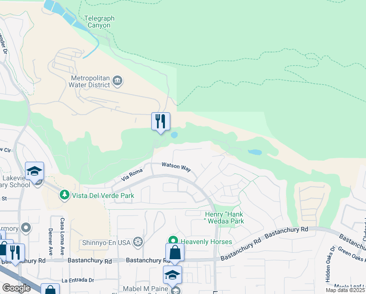 map of restaurants, bars, coffee shops, grocery stores, and more near 18315 Nicklaus Road in Yorba Linda