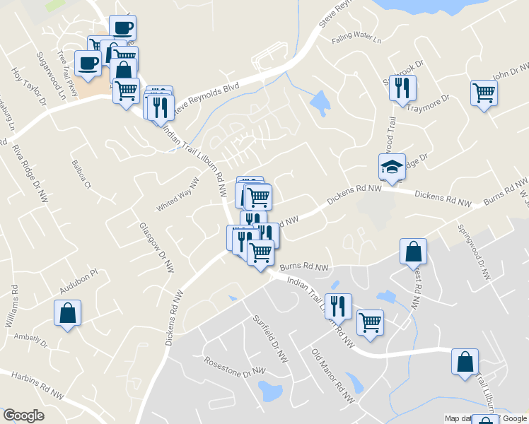 map of restaurants, bars, coffee shops, grocery stores, and more near 1195 Indian Way Northwest in Lilburn