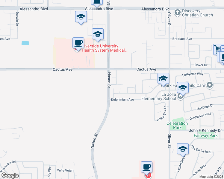 map of restaurants, bars, coffee shops, grocery stores, and more near 14663 Round Leaf Road in Moreno Valley