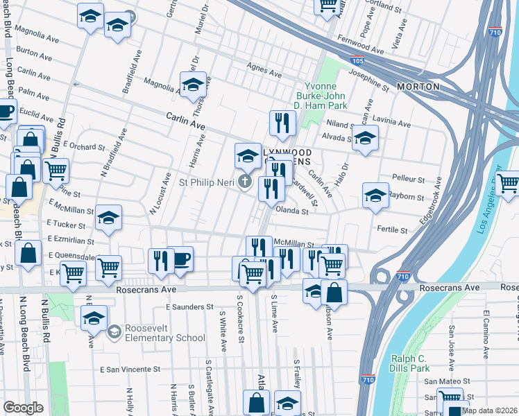 map of restaurants, bars, coffee shops, grocery stores, and more near 12666 Antigua Court in Lynwood