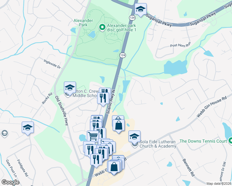 map of restaurants, bars, coffee shops, grocery stores, and more near 1185 Grassy Oat Lane Southwest in Lawrenceville