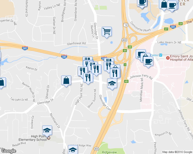 map of restaurants, bars, coffee shops, grocery stores, and more near 5653 Glenridge Dr NE in Sandy Springs