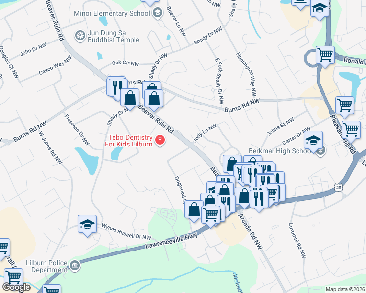 map of restaurants, bars, coffee shops, grocery stores, and more near 4241 Jody Lane Northwest in Lilburn
