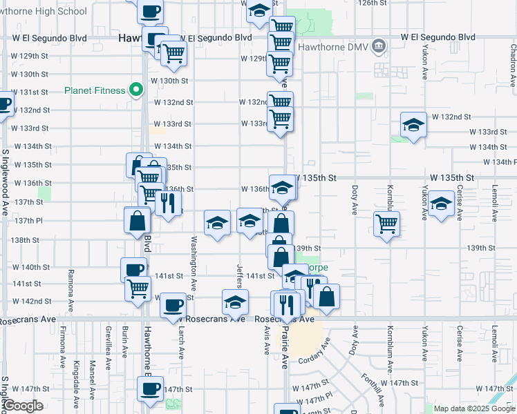 map of restaurants, bars, coffee shops, grocery stores, and more near 4065 137th Street in Hawthorne