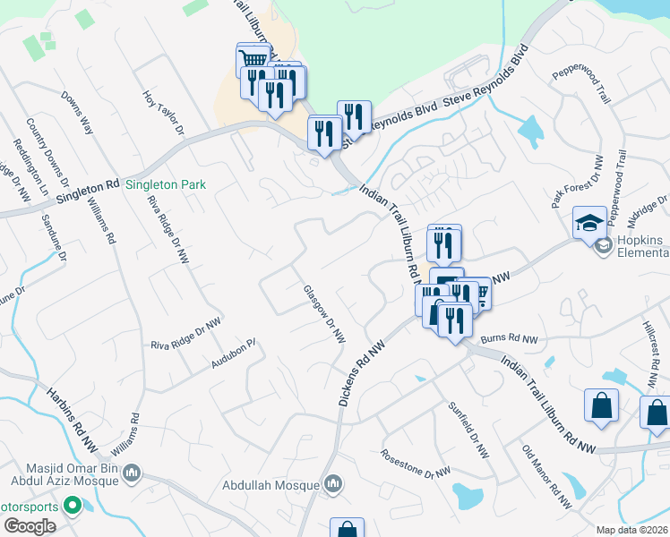 map of restaurants, bars, coffee shops, grocery stores, and more near 5118 Whitted Way Northwest in Lilburn