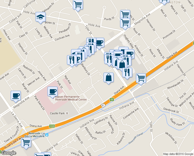 map of restaurants, bars, coffee shops, grocery stores, and more near 3625 Banbury Drive in Riverside