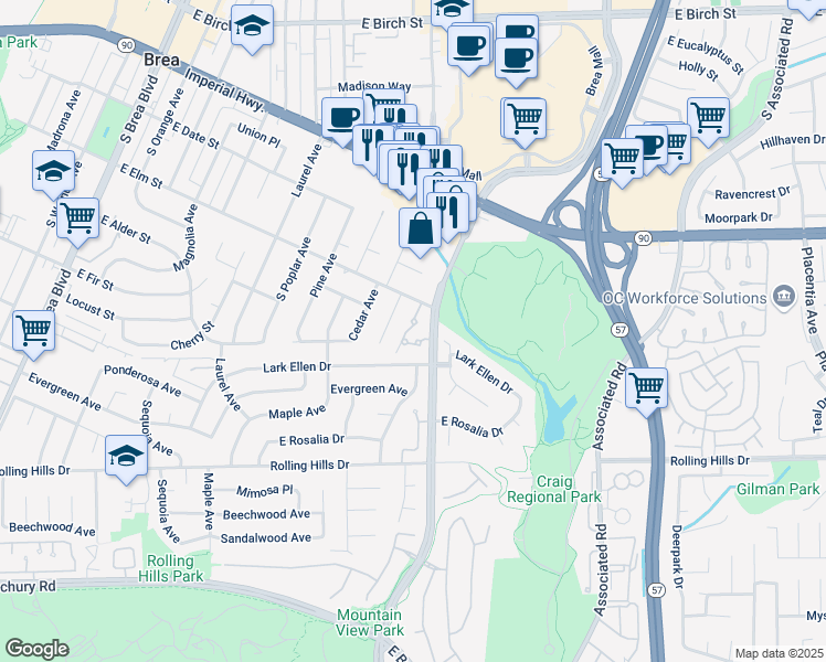 map of restaurants, bars, coffee shops, grocery stores, and more near 581 Muirwood Drive in Brea