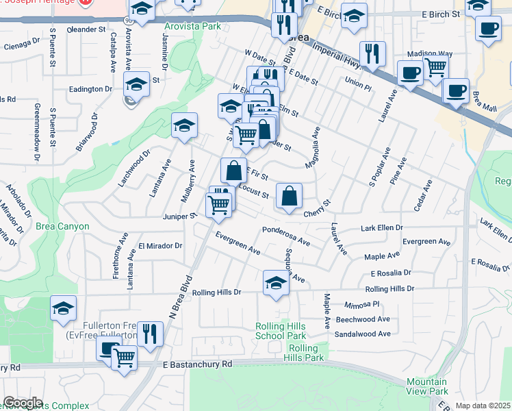 map of restaurants, bars, coffee shops, grocery stores, and more near 211c East Acacia Street in Brea